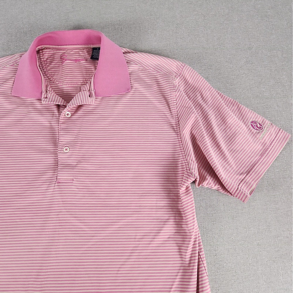 Linksoul Men M Golf Polo Shirt Pink White Stripe 100% Supima US Cotton Logo EUC